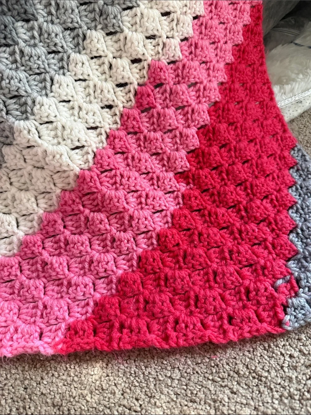 Hand Crafted Pink, Hot Pink,‎ Gray & White Crochet Throw Blanket